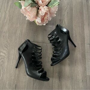 Stuart Weitzman Black Leather Caged Strappy Cut Out Peep Toe Heels